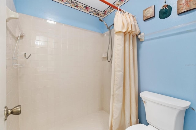 bathroom featuring toilet and curtained shower