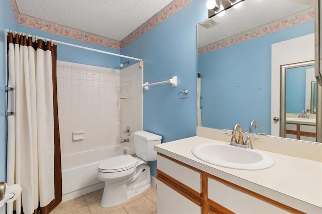 full bathroom with vanity, tile patterned flooring, a textured ceiling, shower / tub combo, and toilet