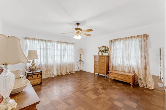 living area featuring ceiling fan and a wealth of natural light