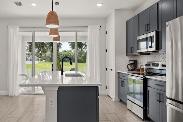 kitchen with pendant lighting, sink, backsplash, a center island with sink, and appliances with stainless steel finishes