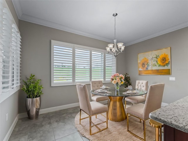 tiled dining room with crown molding and a chandelier