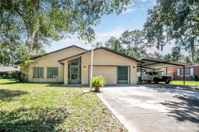 single story home with a garage and a front yard