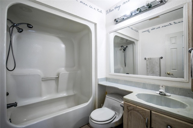 full bathroom featuring vanity, toilet, and  shower combination