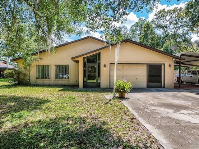 single story home with a garage and a front lawn