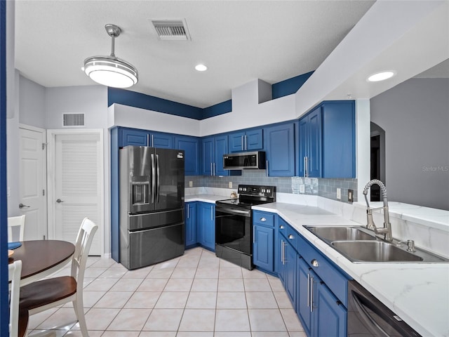 kitchen with range with electric stovetop, blue cabinetry, fridge with ice dispenser, black dishwasher, and sink