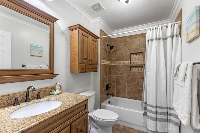 full bathroom featuring toilet, crown molding, vanity, shower / bath combo, and a textured ceiling