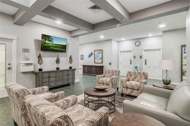 tiled living room with coffered ceiling and beam ceiling