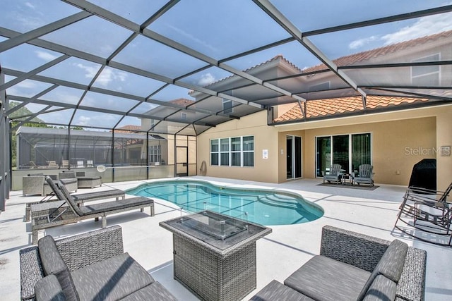 436 Orange Cosmos Blvd, Davenport, FL 33837 - outdoor pool featuring a patio, an outdoor living space, and glass enclosure