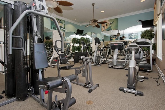 436 Orange Cosmos Blvd, Davenport, FL 33837 - workout area featuring a ceiling fan, crown molding, and carpet flooring