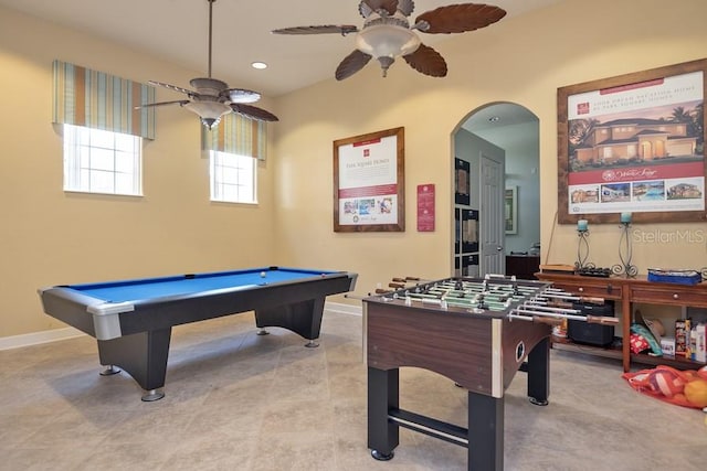 436 Orange Cosmos Blvd, Davenport, FL 33837 - game room featuring ceiling fan, baseboards, billiards table, arched walkways, and recessed lighting
