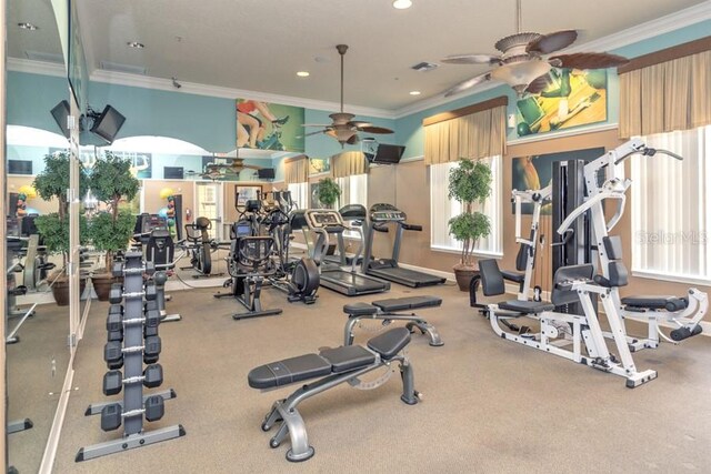 436 Orange Cosmos Blvd, Davenport, FL 33837 - exercise room with ceiling fan, ornamental molding, and recessed lighting