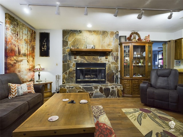 living room featuring a stone fireplace, hardwood / wood-style flooring, and rail lighting