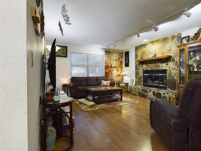 living room featuring a stone fireplace, wood-type flooring, and track lighting