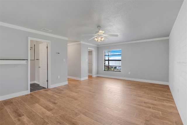 unfurnished living room featuring a textured ceiling, ornamental molding, ceiling fan, and light hardwood / wood-style flooring