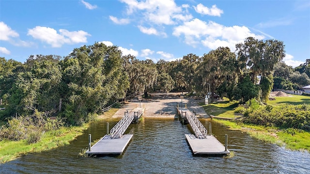 view of dock with a water view