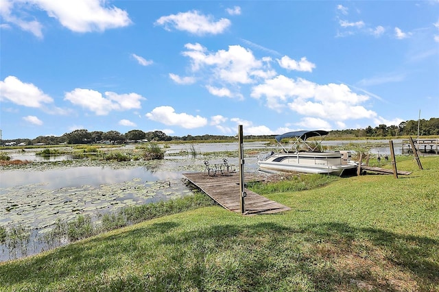 dock area with a yard and a water view