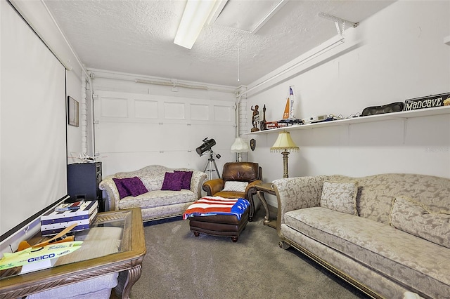 living room with a textured ceiling, carpet floors, and crown molding