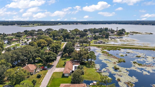 drone / aerial view featuring a water view