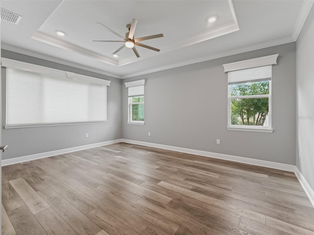 unfurnished room with ceiling fan, a raised ceiling, and a healthy amount of sunlight