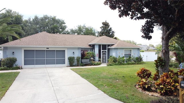 ranch-style house featuring a garage and a front lawn