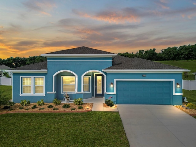 view of front of house with a garage and a yard