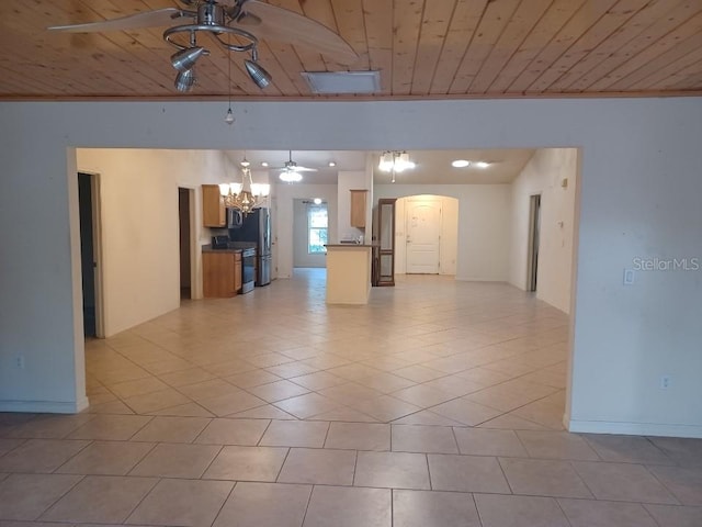 unfurnished living room featuring light tile patterned floors, ceiling fan with notable chandelier, and wooden ceiling