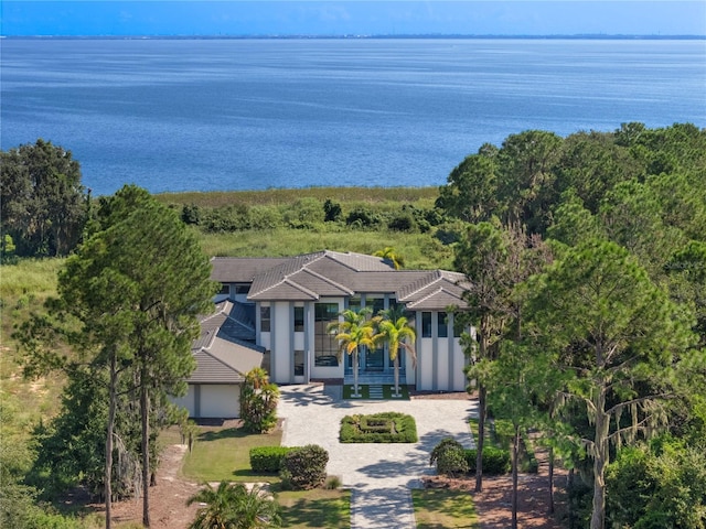 birds eye view of property featuring a water view