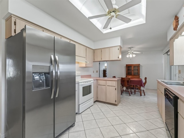 kitchen featuring stainless steel fridge, dishwasher, light brown cabinets, ceiling fan, and white range with electric cooktop