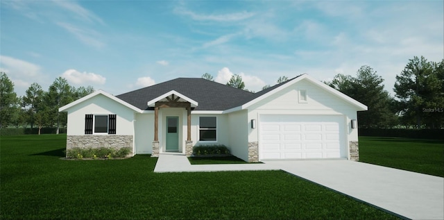 ranch-style house with a garage and a front yard