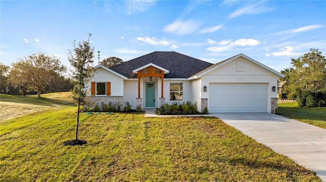 577 Dowling Cir, Lady Lake, FL 32159 - view of front of house featuring stone siding, a garage, concrete driveway, a front yard, and stucco siding