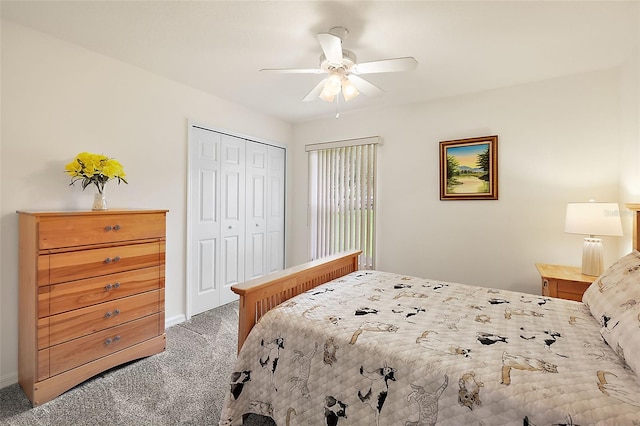 bedroom featuring ceiling fan, a closet, and carpet