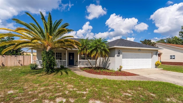 view of front of home with a garage, a front lawn, and covered porch