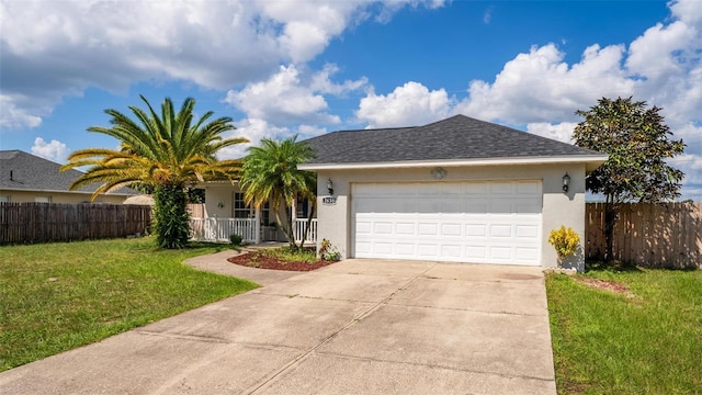 single story home with a garage and a front lawn