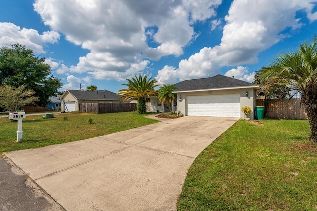 ranch-style home with a front lawn and a garage