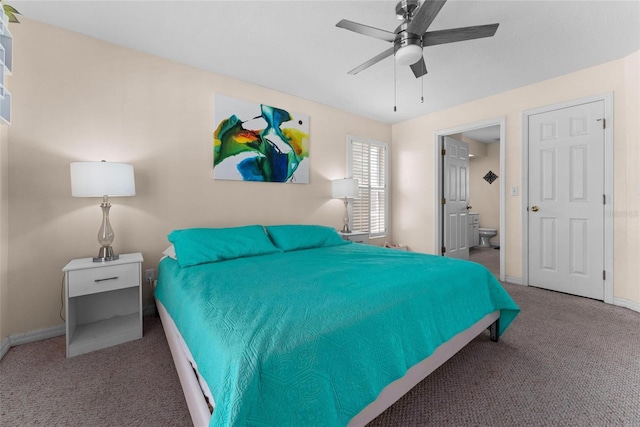 carpeted bedroom with ceiling fan and connected bathroom