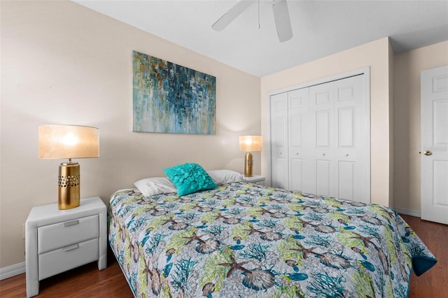 bedroom featuring a closet, ceiling fan, and dark hardwood / wood-style flooring