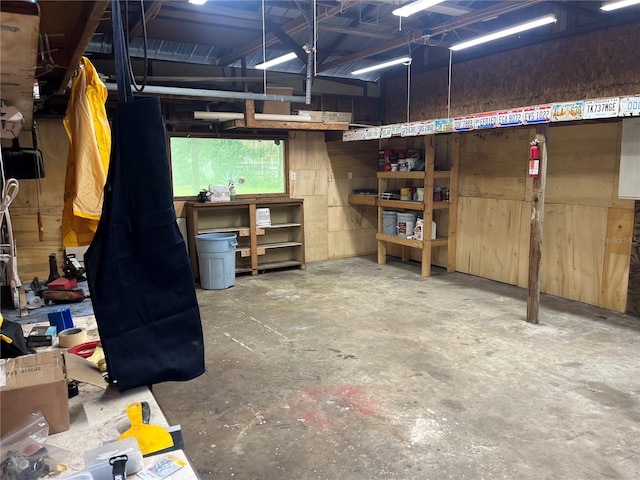 garage with a workshop area