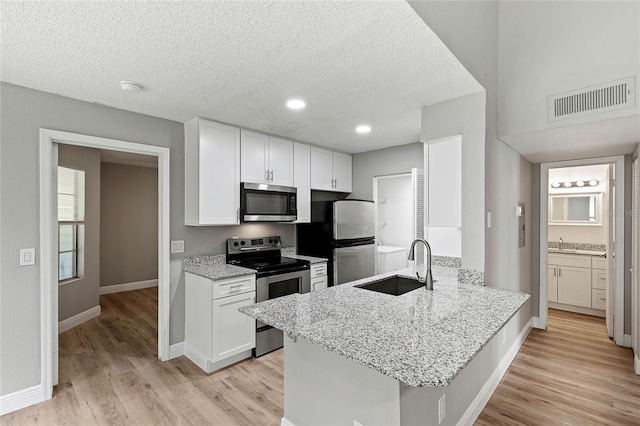 kitchen featuring appliances with stainless steel finishes, kitchen peninsula, sink, and white cabinets