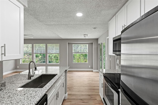 kitchen featuring stainless steel appliances, plenty of natural light, sink, and light wood-type flooring