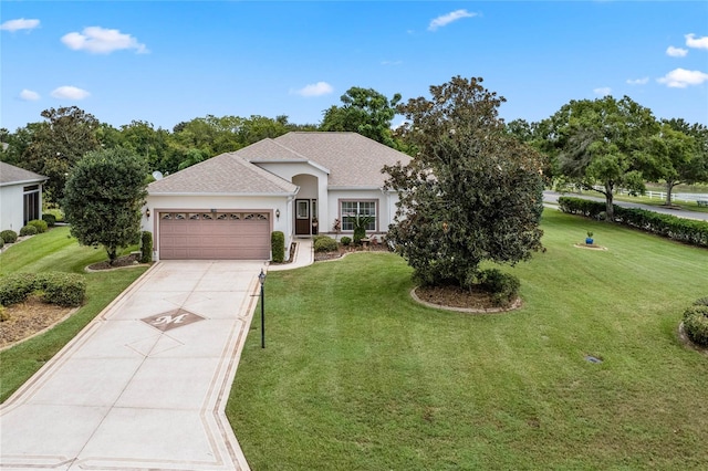 ranch-style house with a front yard and a garage