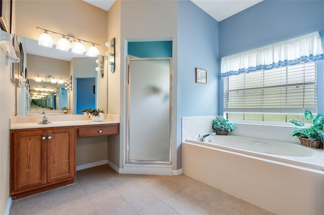 bathroom featuring vanity, separate shower and tub, and tile patterned floors