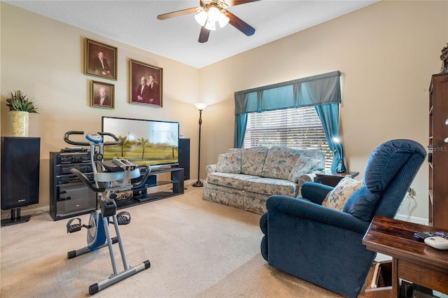 living room featuring ceiling fan and light carpet