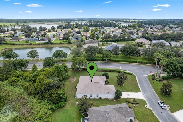 drone / aerial view featuring a water view