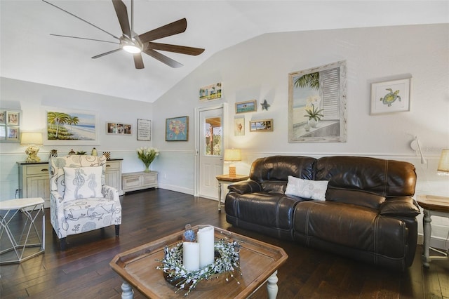 living room featuring ceiling fan, dark hardwood / wood-style floors, and lofted ceiling