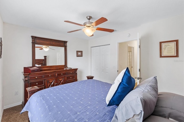 carpeted bedroom with ceiling fan and a closet