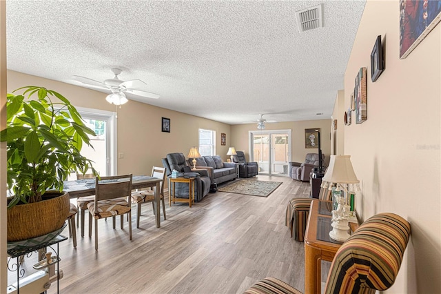 living room featuring a textured ceiling, light hardwood / wood-style floors, and a wealth of natural light