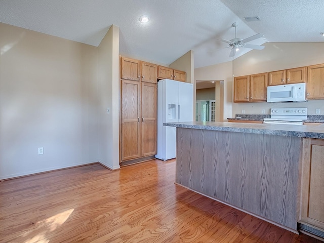 kitchen with ceiling fan, white appliances, a textured ceiling, high vaulted ceiling, and light hardwood / wood-style floors