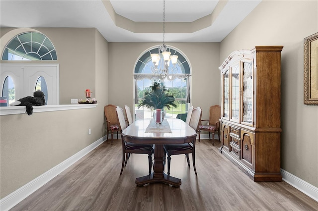 dining area with wood-type flooring, a raised ceiling, an inviting chandelier, and a wealth of natural light