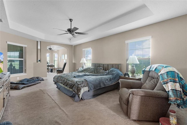 carpeted bedroom with a tray ceiling, multiple windows, and ceiling fan