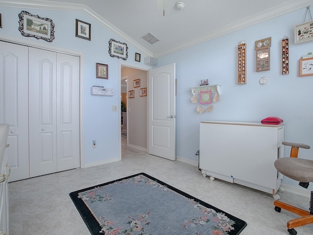 unfurnished bedroom featuring lofted ceiling, ornamental molding, and a closet